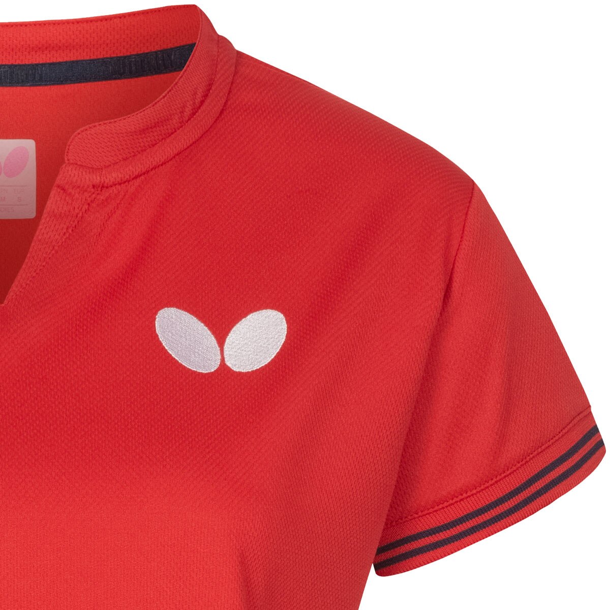 Butterfly Puren Lady Shirt: Close-up of Left Chest Butterfly Logo of Red Shirt